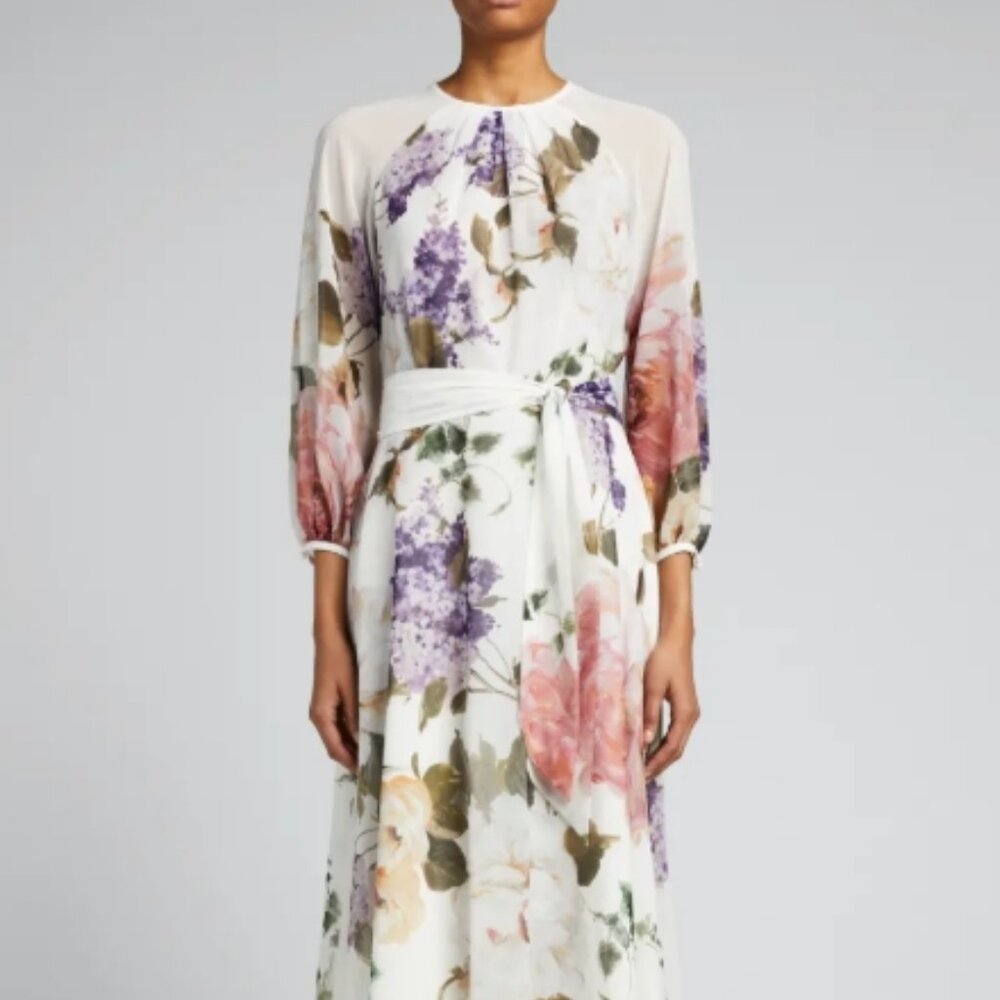 RARE Rickie Freeman for Teri Jon Floral-Print Georgette Midi Dress M $690